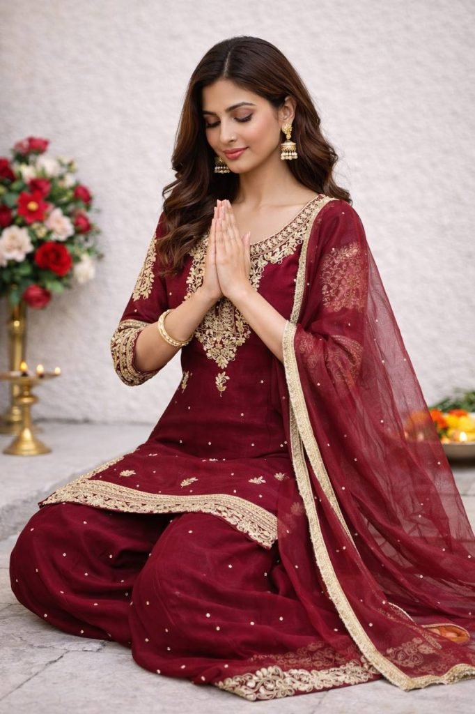 Red gmy silk with heavy embroidery sequence work top palazzo & dupatta set