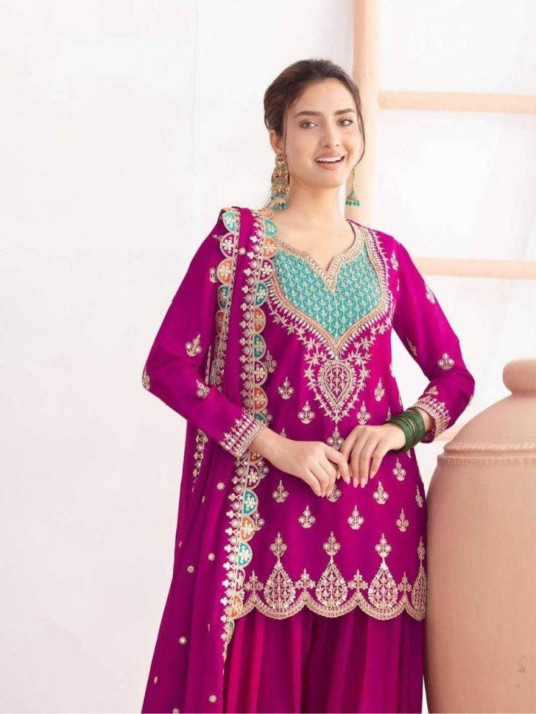Rani fox georgette with Shine embroidery work gown & pent & dupatta