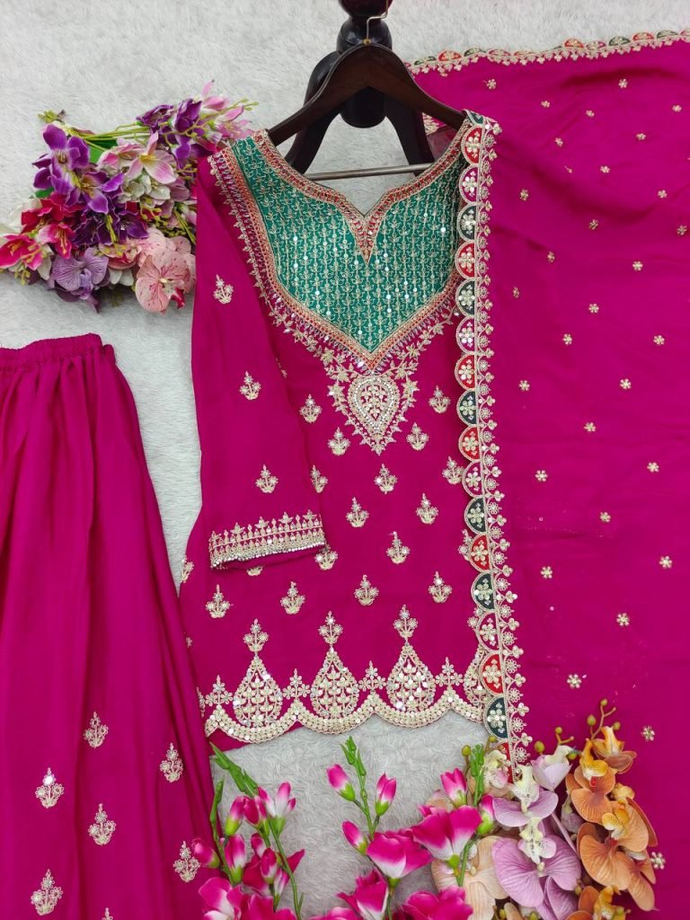 Rani fox georgette with Shine embroidery work gown & pent & dupatta