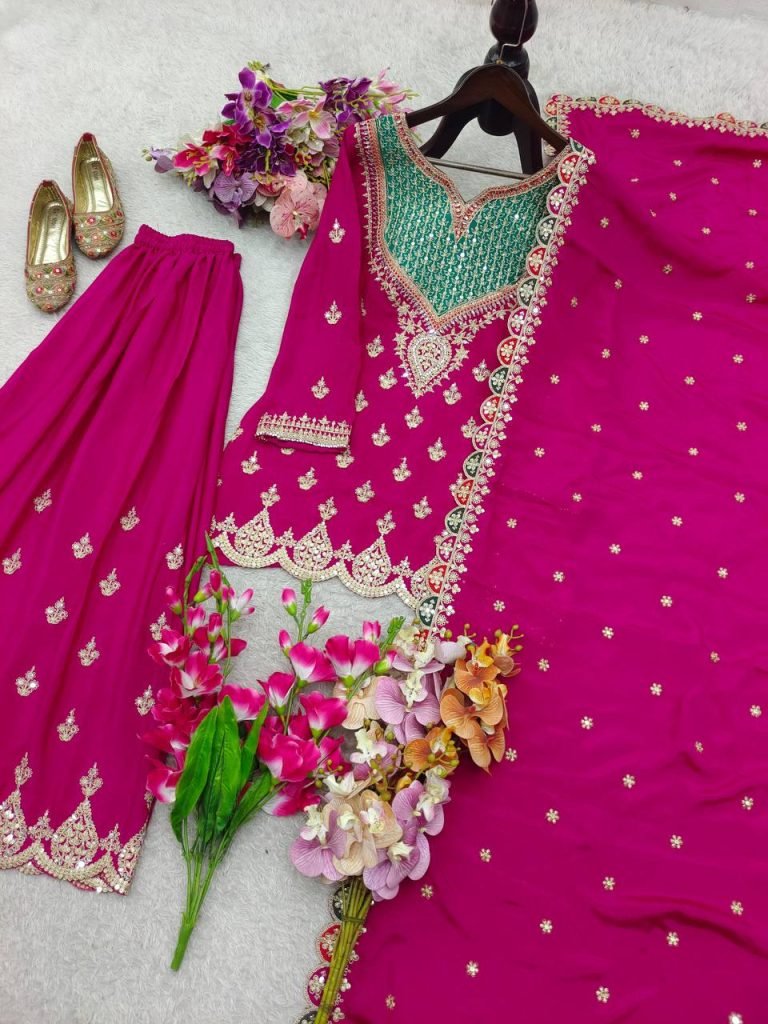 Rani fox georgette with Shine embroidery work gown & pent & dupatta