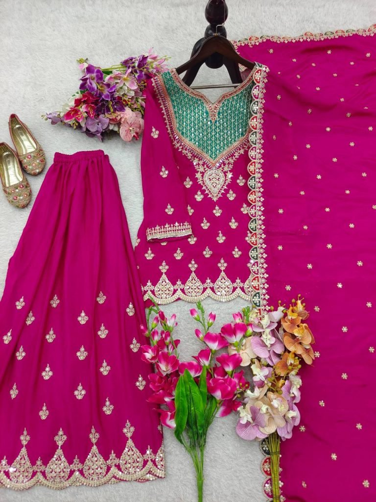 Rani fox georgette with Shine embroidery work gown & pent & dupatta