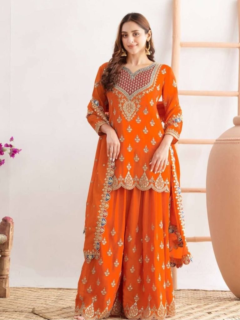 Orange fox georgette with Shine embroidery work gown & pent & dupatta