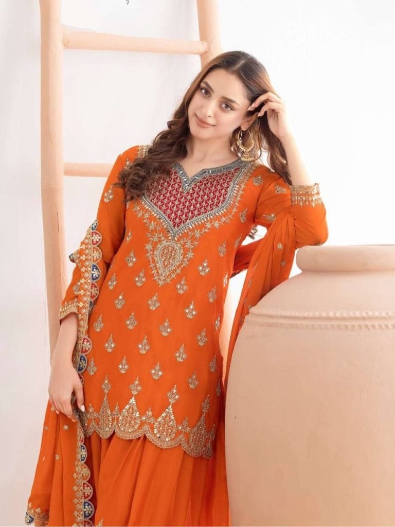 Orange fox georgette with Shine embroidery work gown & pent & dupatta
