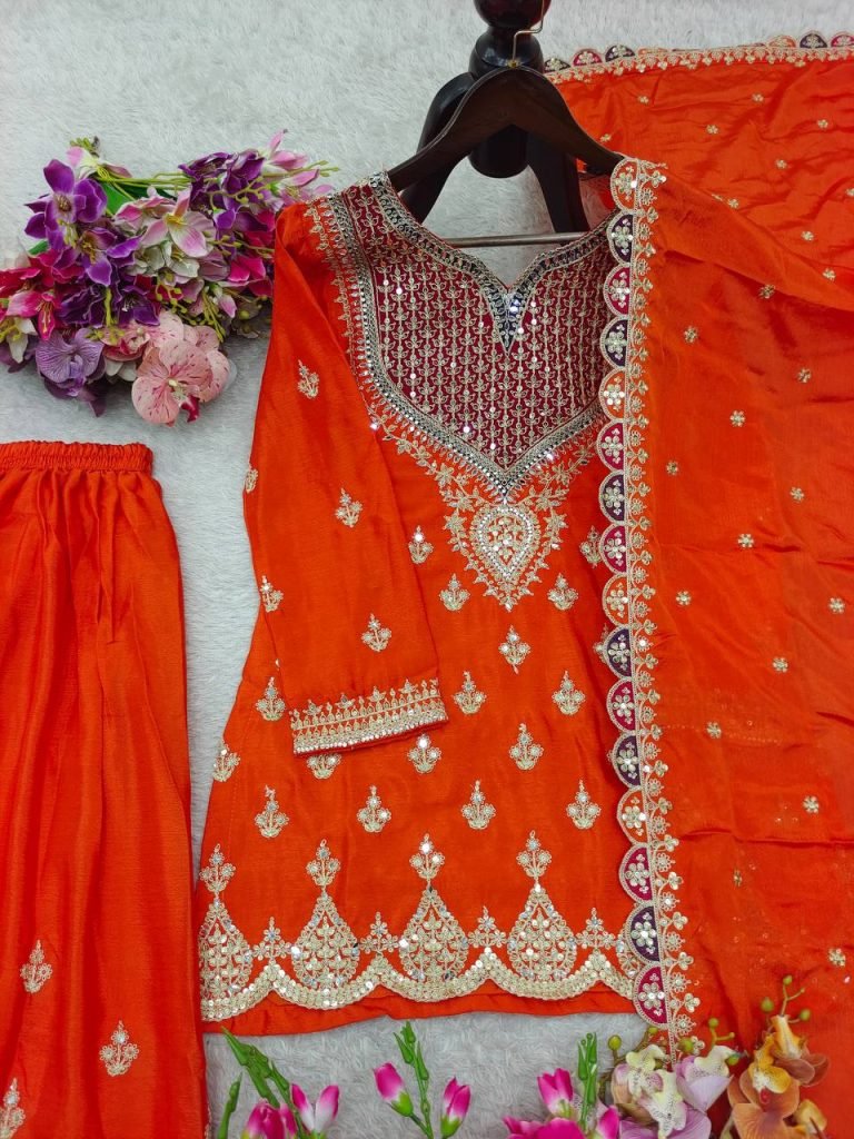 Orange fox georgette with Shine embroidery work gown & pent & dupatta