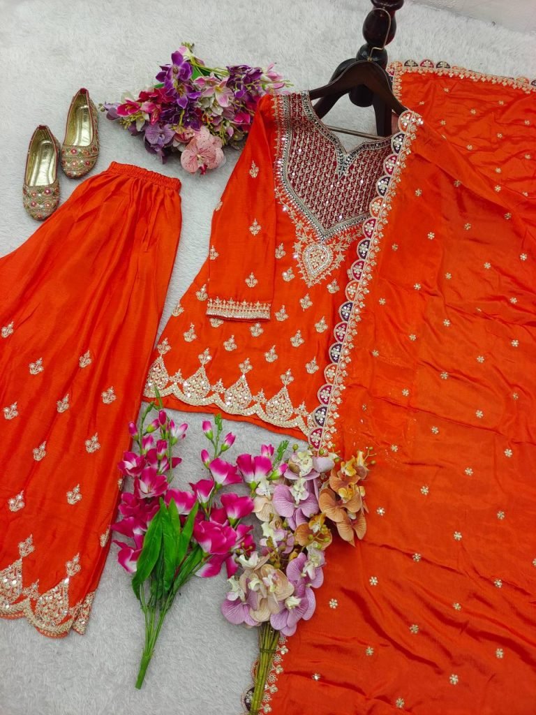 Orange fox georgette with Shine embroidery work gown & pent & dupatta