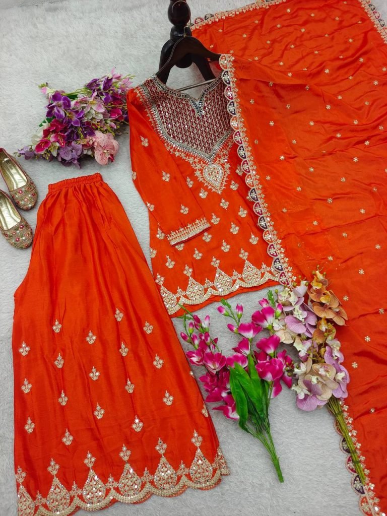 Orange fox georgette with Shine embroidery work gown & pent & dupatta
