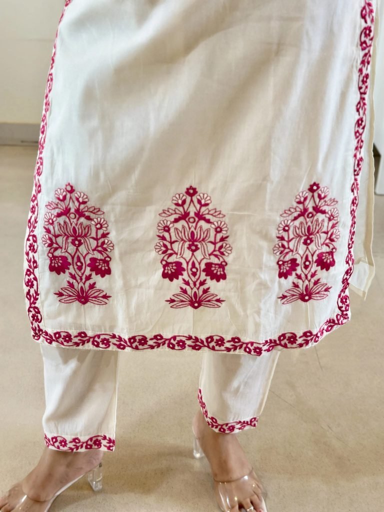 White tesla embroidered work kurta pent dupatta set