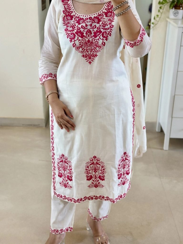White tesla embroidered work kurta pent dupatta set