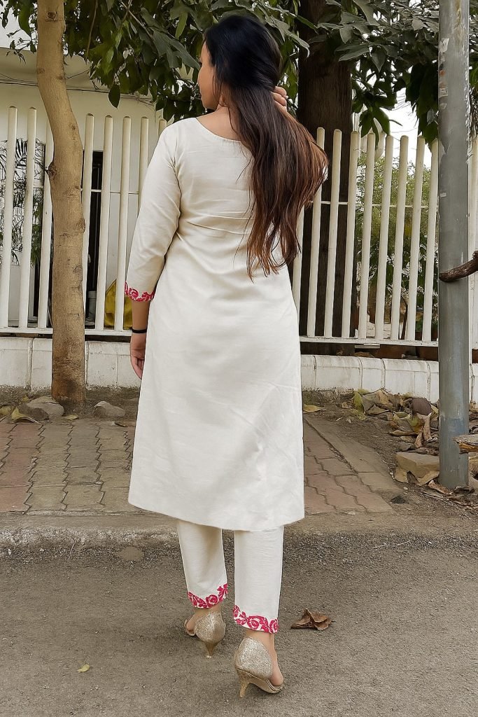 White tesla embroidered work kurta pent dupatta set