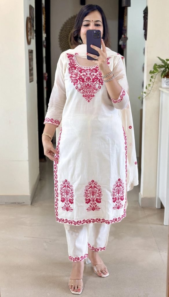 White tesla embroidered work kurta pent dupatta set