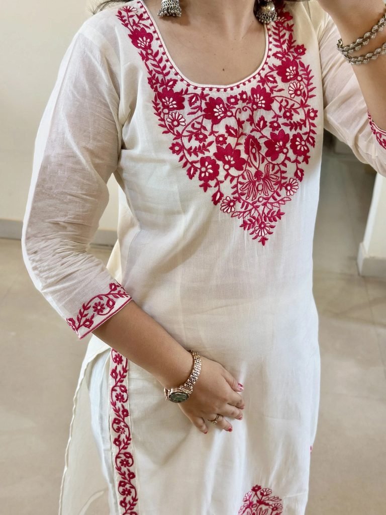 White tesla embroidered work kurta pent dupatta set