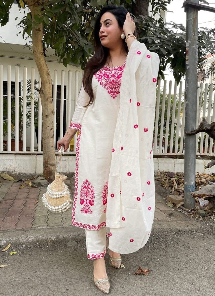 White tesla embroidered work kurta pent dupatta set
