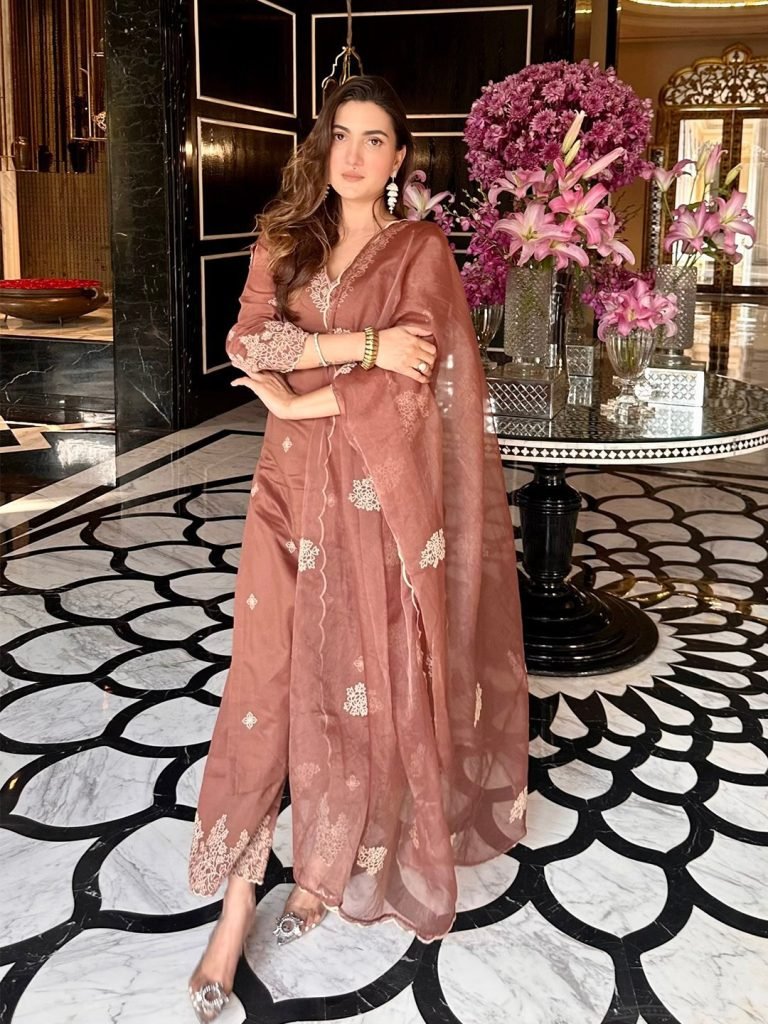 Brown tesla embroidered work kurta pant dupatta set