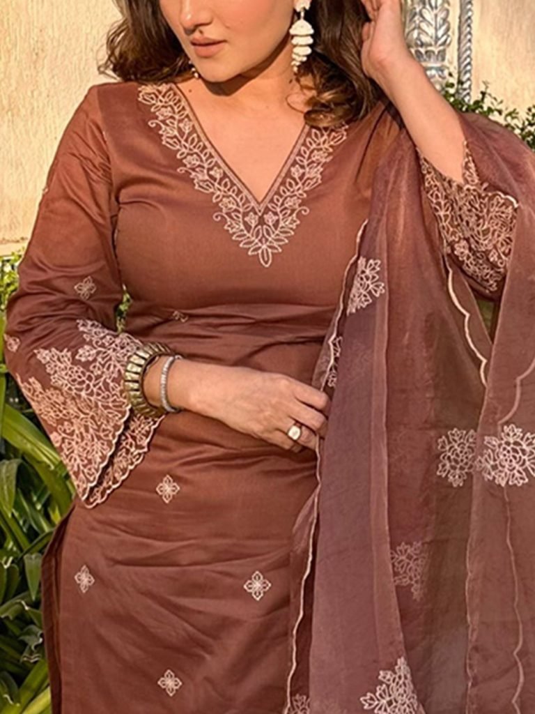 Brown tesla embroidered work kurta pant dupatta set