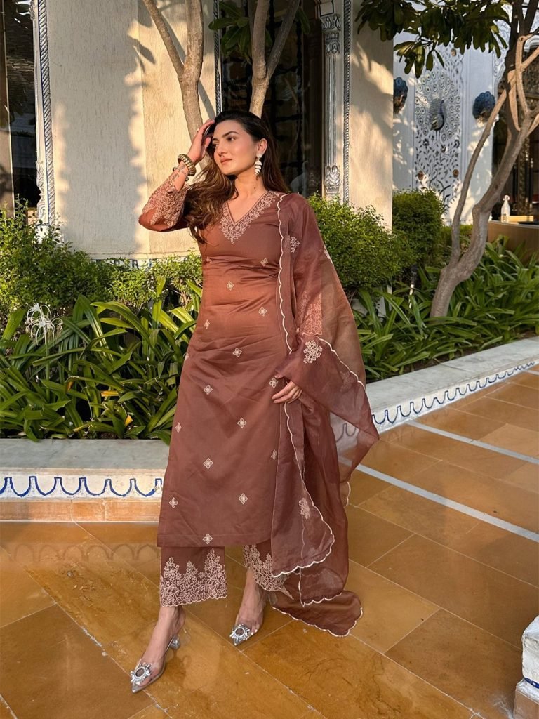 Brown tesla embroidered work kurta pant dupatta set