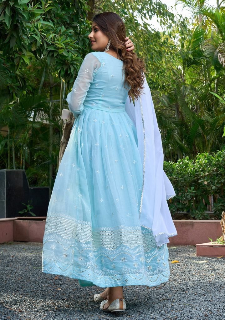 Blue georgette embroidered work anarkali gown with dupatta