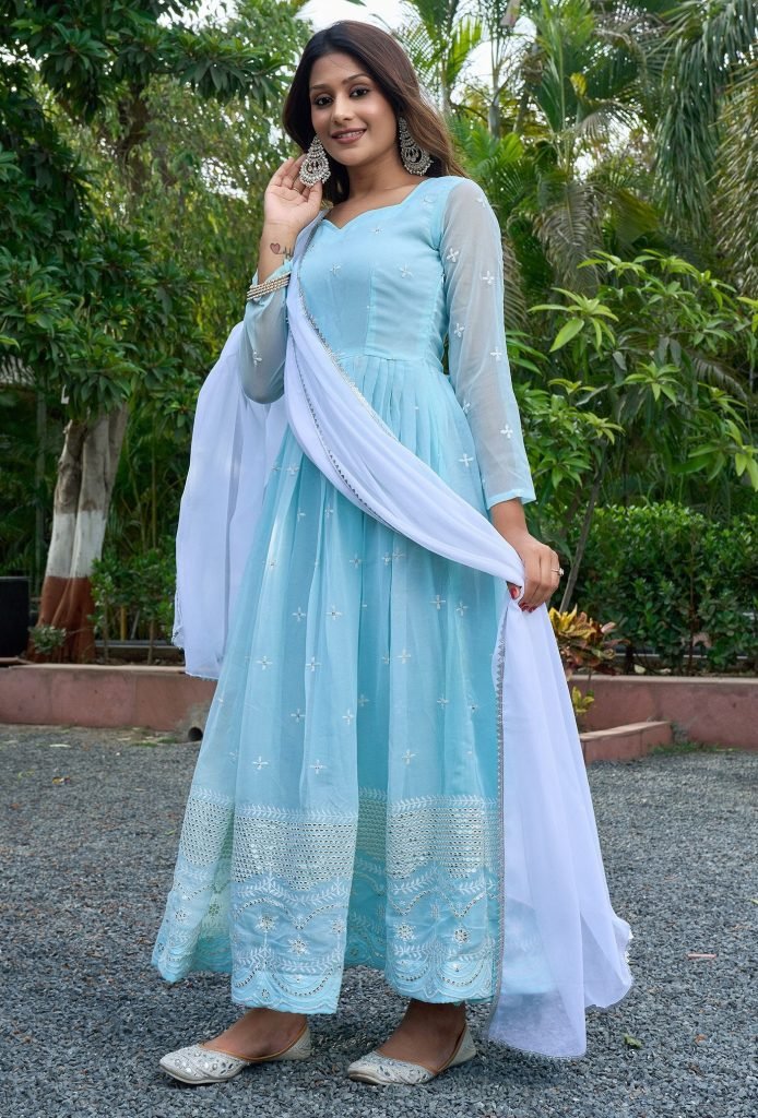 Blue georgette embroidered work anarkali gown with dupatta