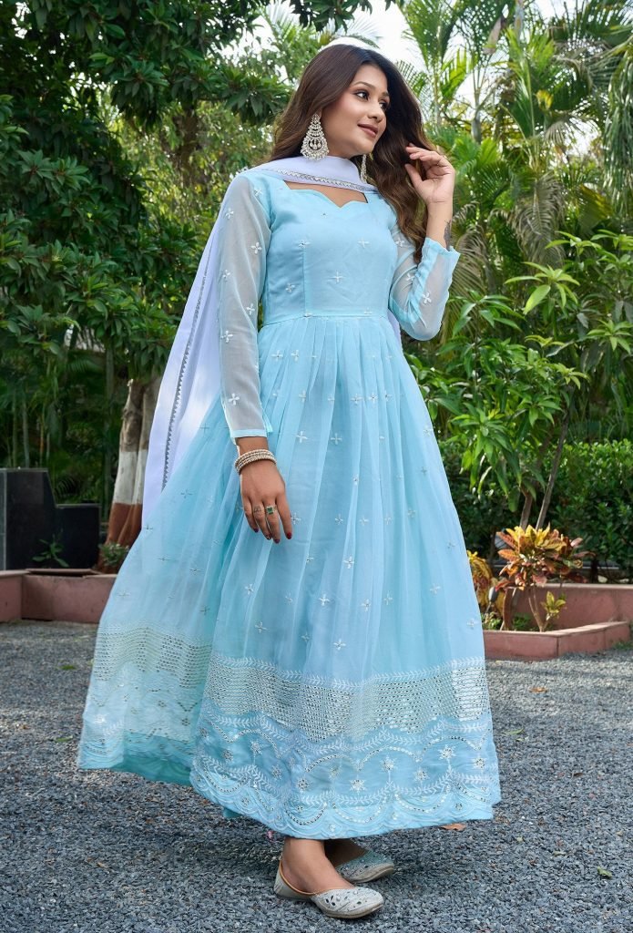 Blue georgette embroidered work anarkali gown with dupatta