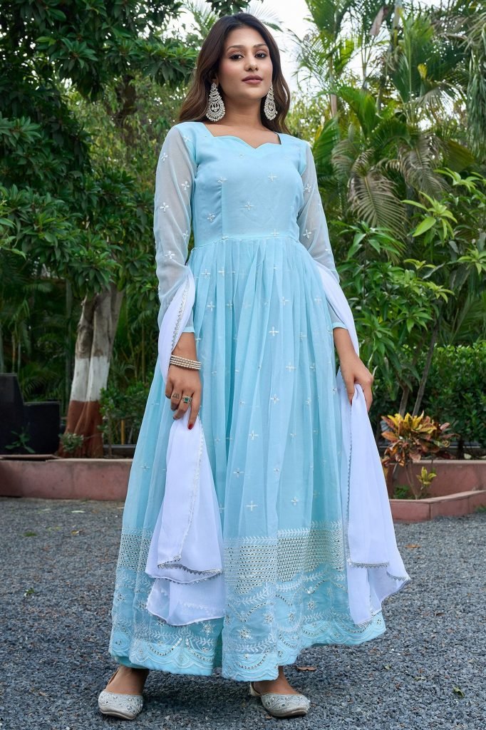 Blue georgette embroidered work anarkali gown with dupatta