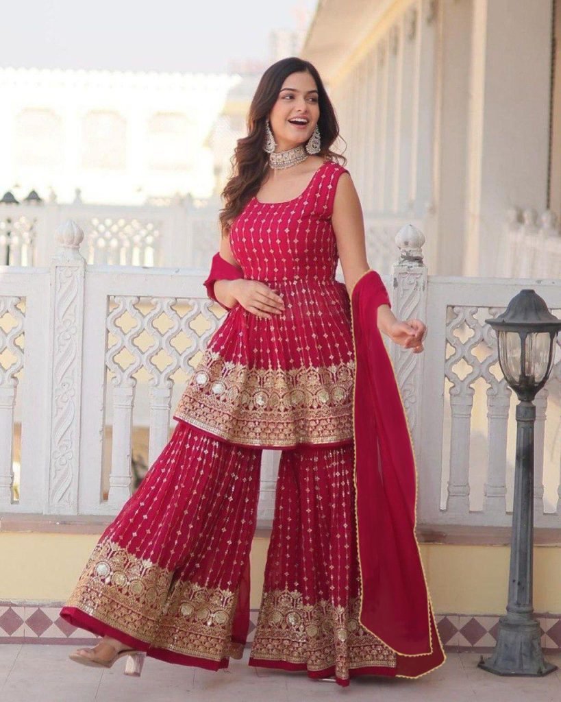 Pink georgette embroidered work top-bottom and dupatta
