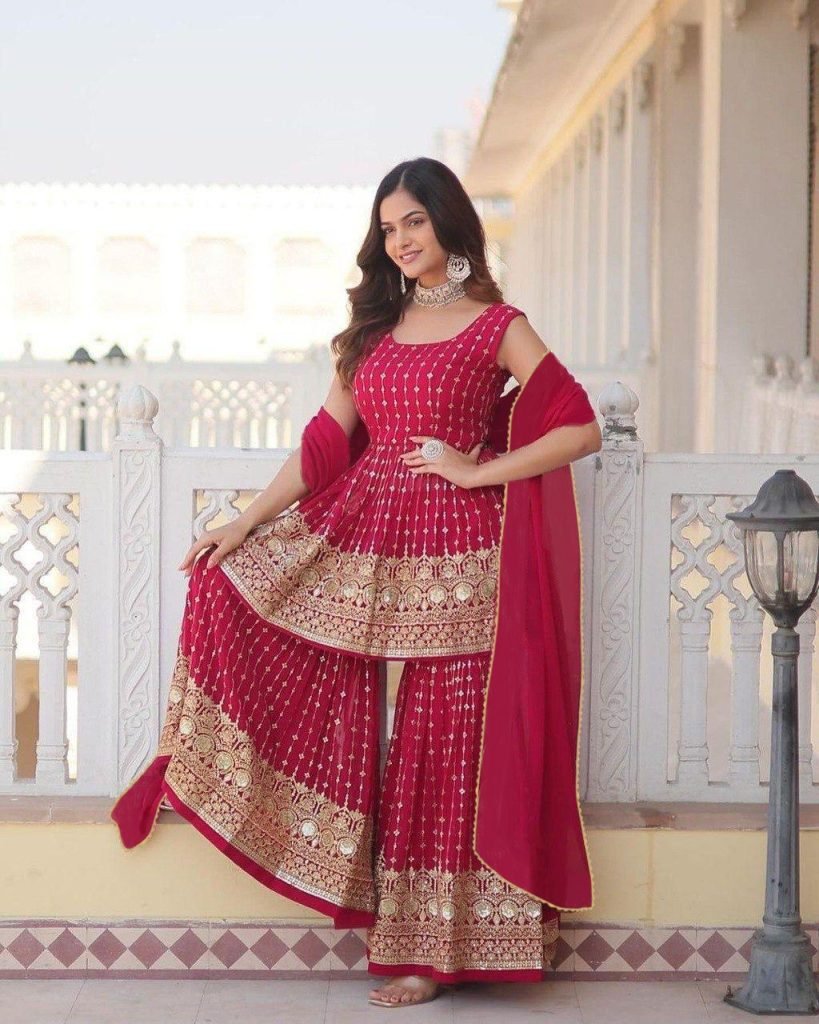 Pink georgette embroidered work top-bottom and dupatta