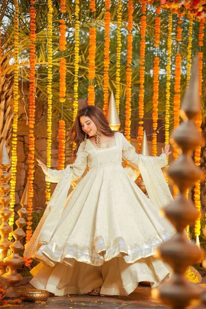 Cream chinnon silk muktesh works gown palazzo and dupatta set