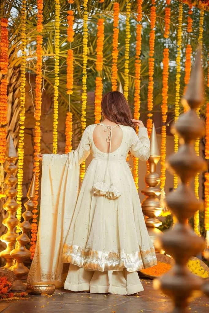 Cream chinnon silk muktesh works gown palazzo and dupatta set
