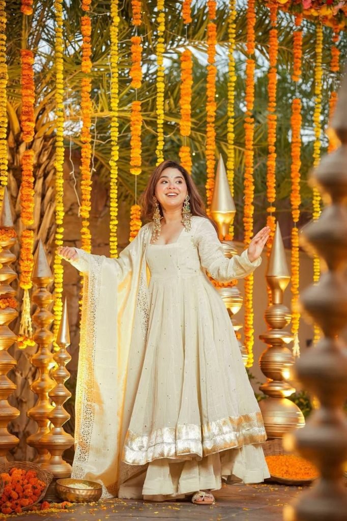 Cream chinnon silk muktesh works gown palazzo and dupatta set