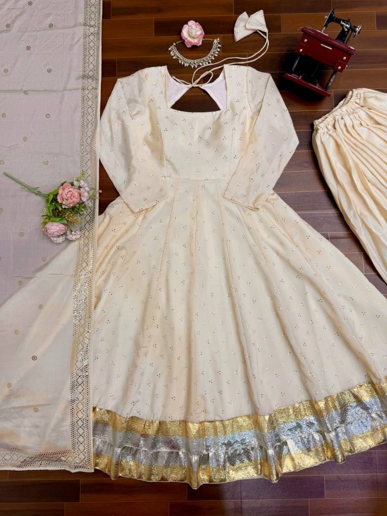 Cream chinnon silk muktesh works gown palazzo and dupatta set