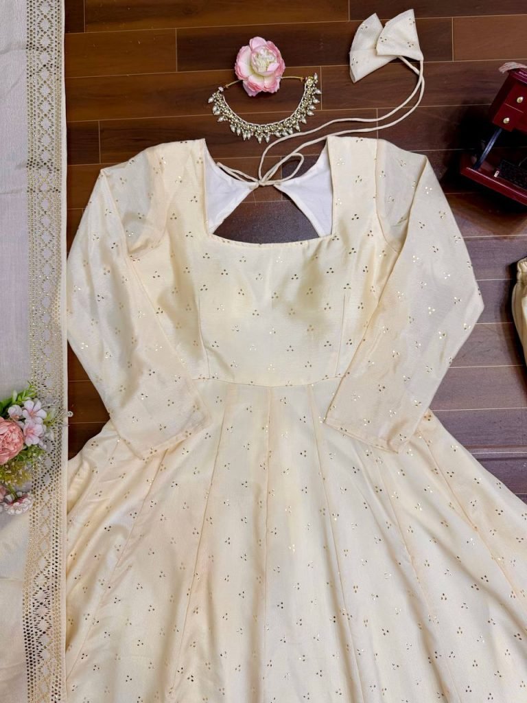 Cream chinnon silk muktesh works gown palazzo and dupatta set