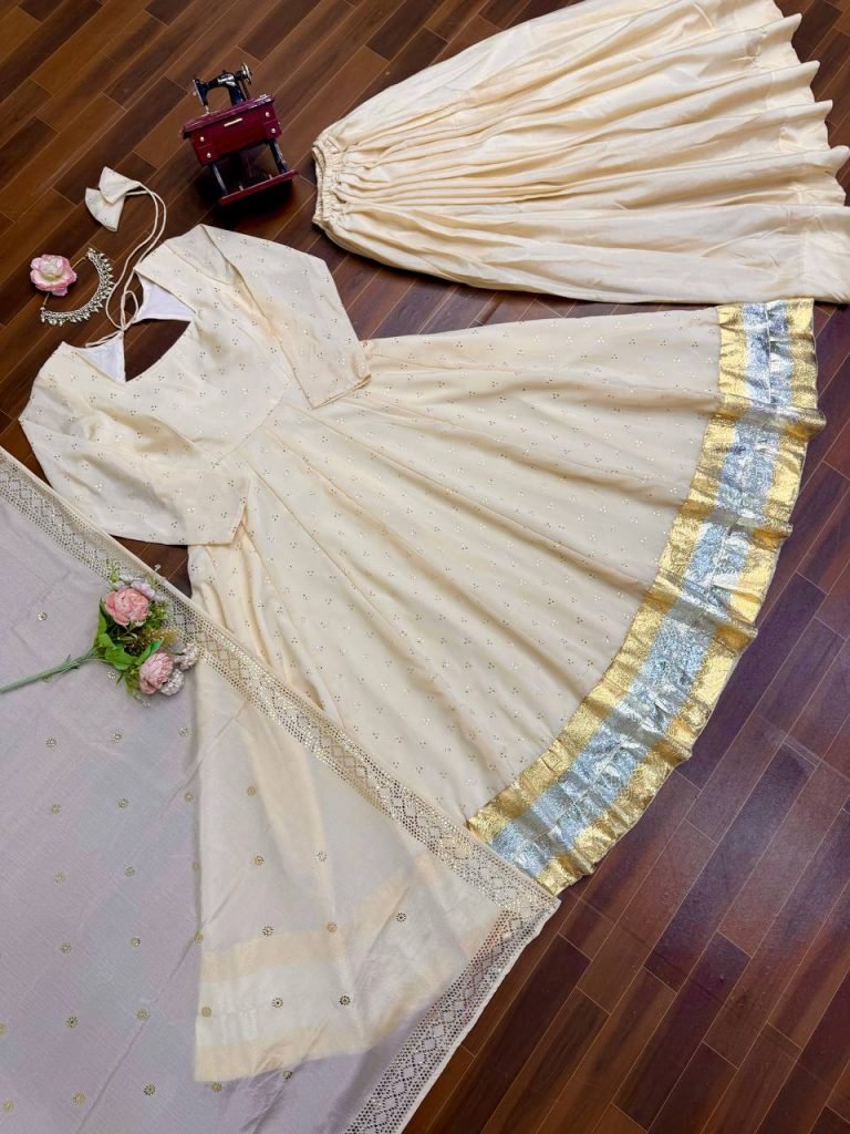 Cream chinnon silk muktesh works gown palazzo and dupatta set