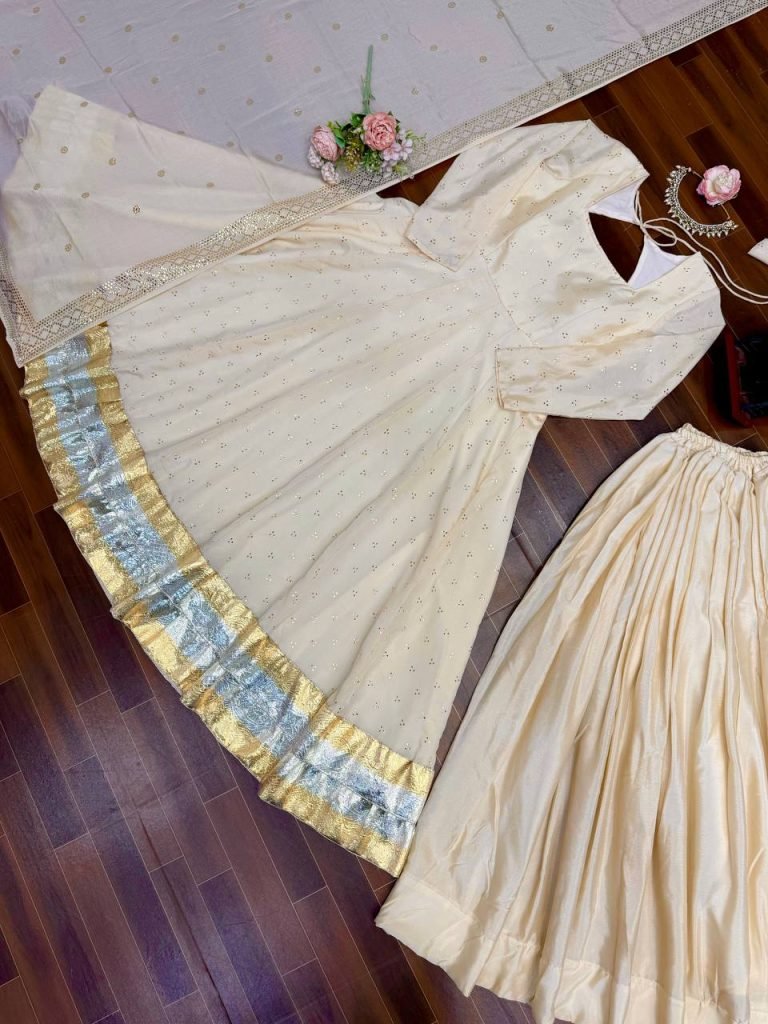 Cream chinnon silk muktesh works gown palazzo and dupatta set