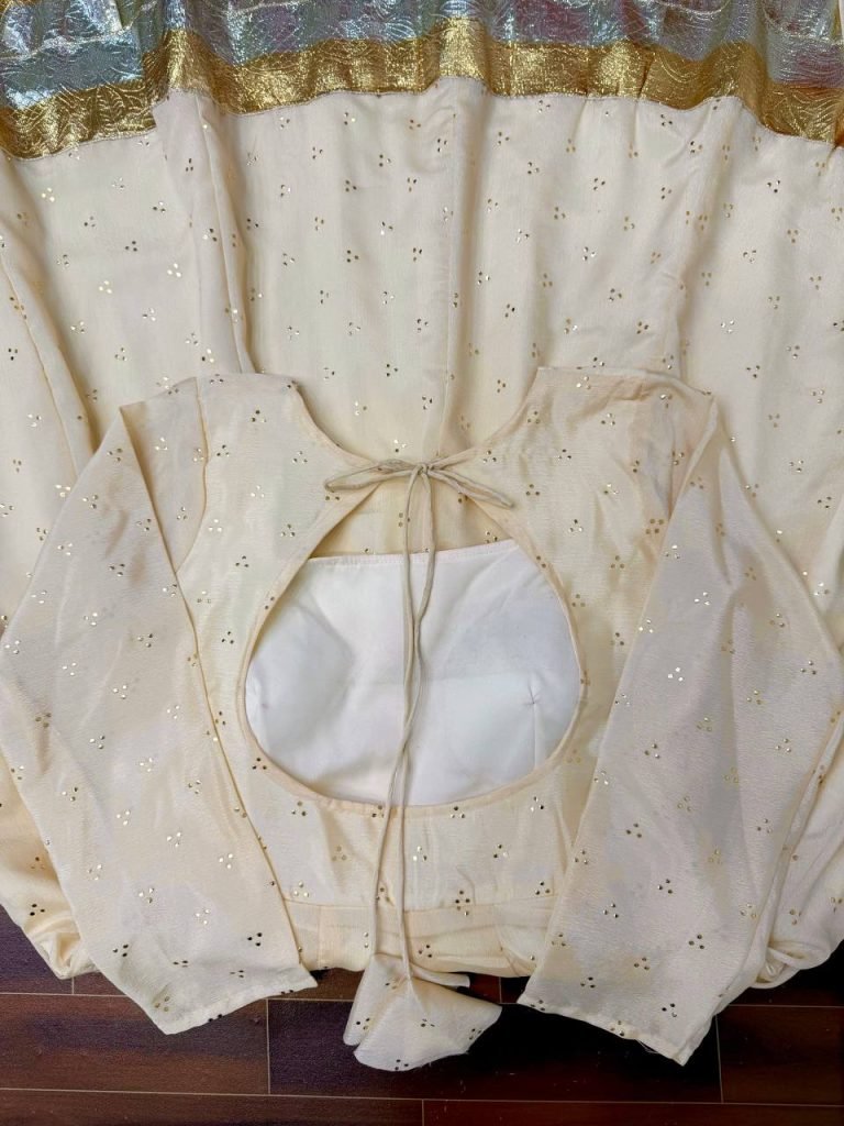 Cream chinnon silk muktesh works gown palazzo and dupatta set