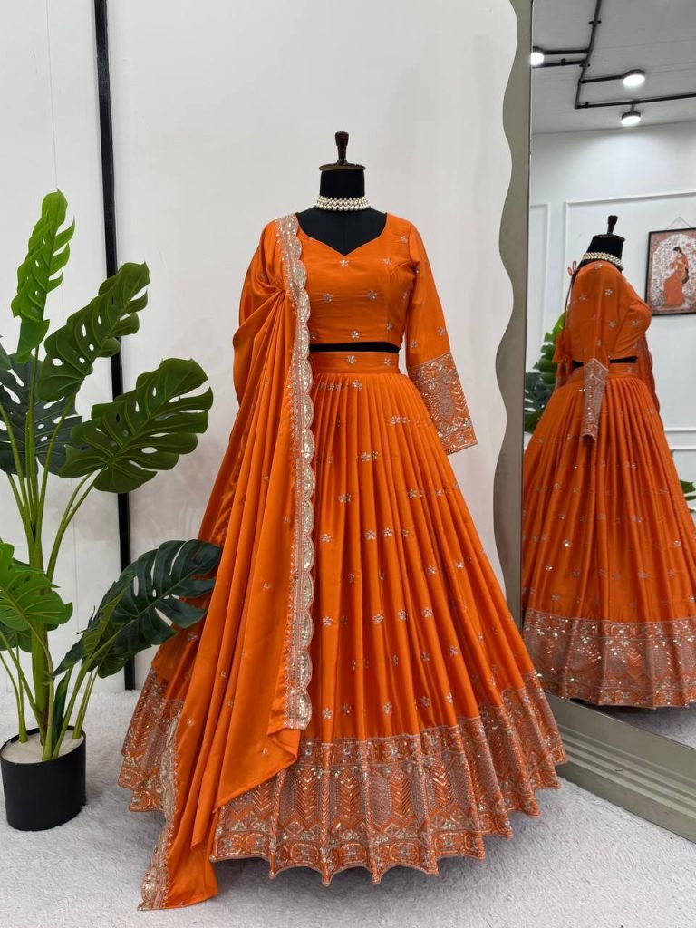Orange satin silk thread with sequence work lehenga choli