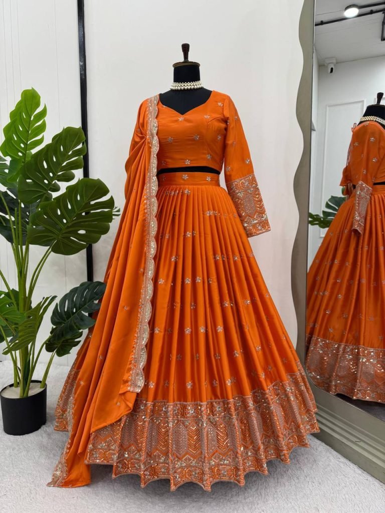 Orange satin silk thread with sequence work lehenga choli