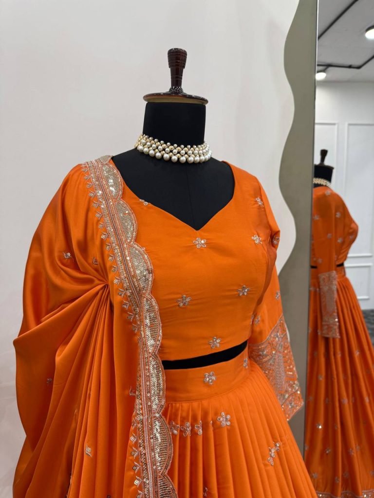 Orange satin silk thread with sequence work lehenga choli