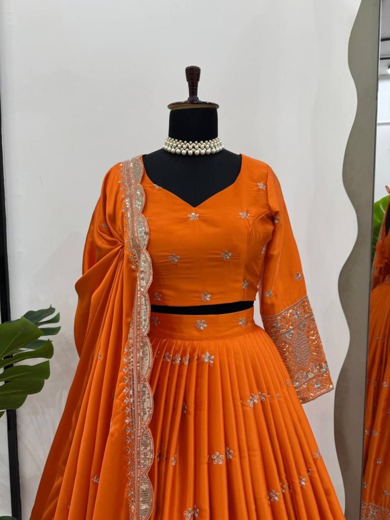 Orange satin silk thread with sequence work lehenga choli