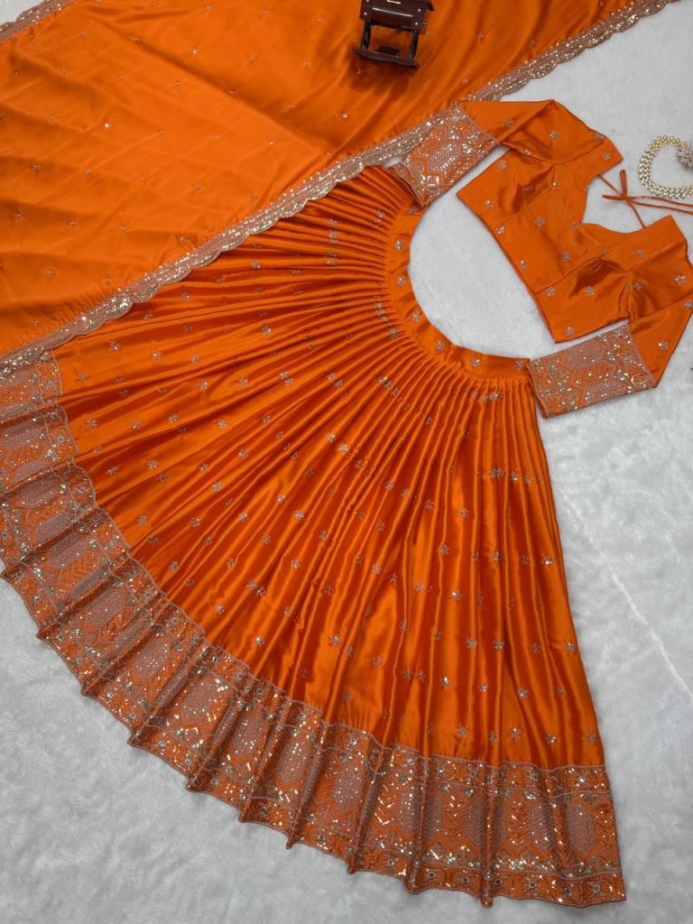 Orange satin silk thread with sequence work lehenga choli