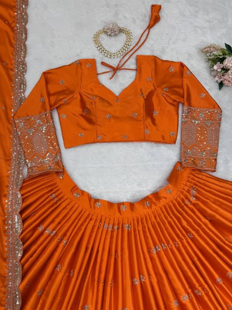 Orange satin silk thread with sequence work lehenga choli