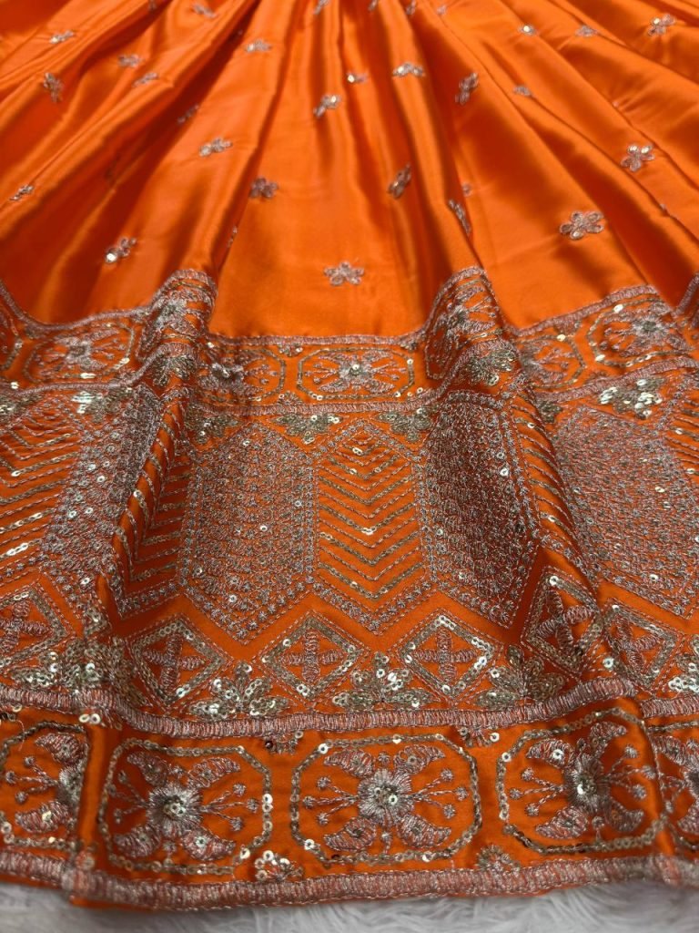 Orange satin silk thread with sequence work lehenga choli