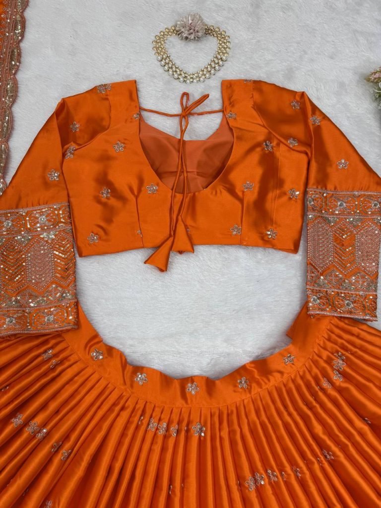 Orange satin silk thread with sequence work lehenga choli