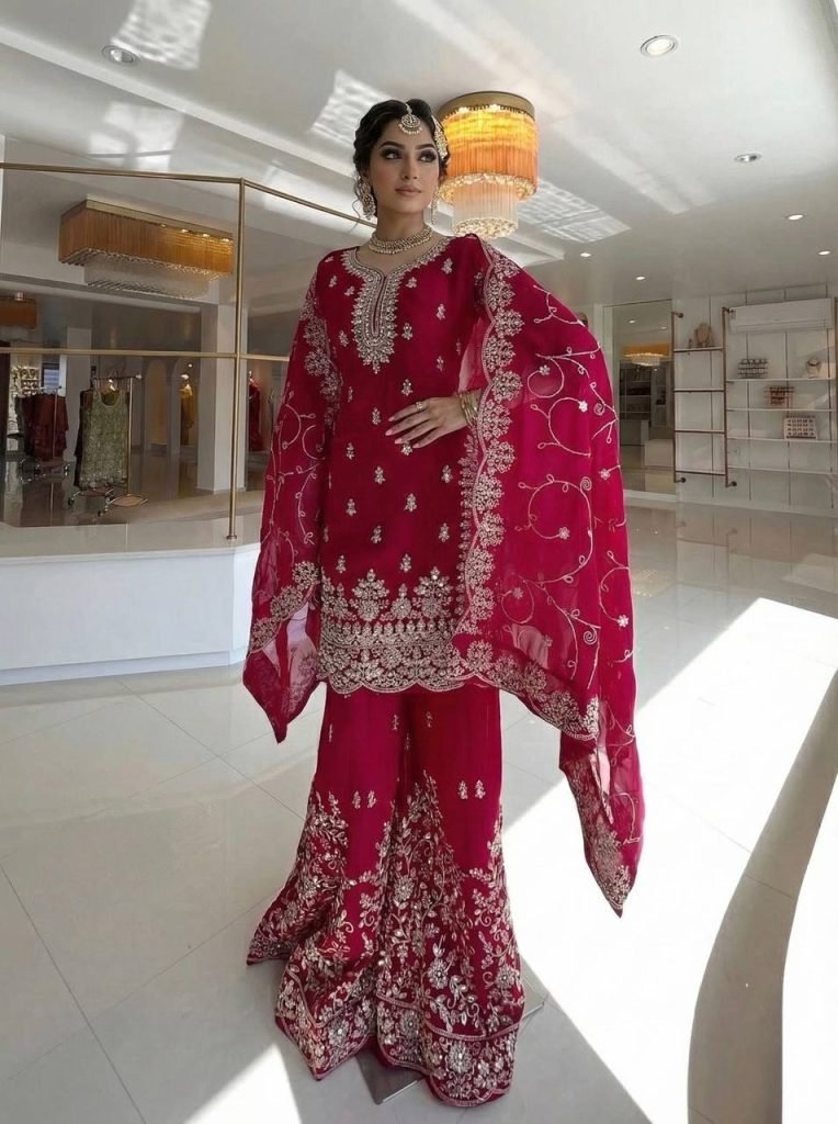 Rani pure gmy silk with heavy embroidery sequence work top-palazzo and dupatta