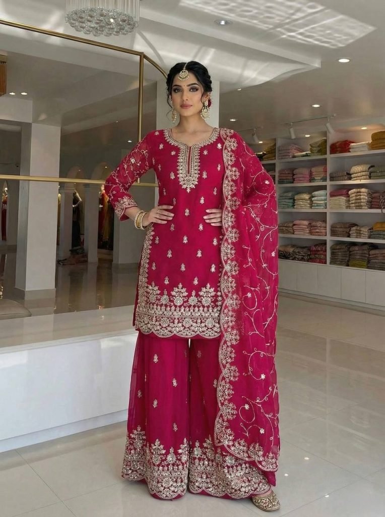Rani pure gmy silk with heavy embroidery sequence work top-palazzo and dupatta