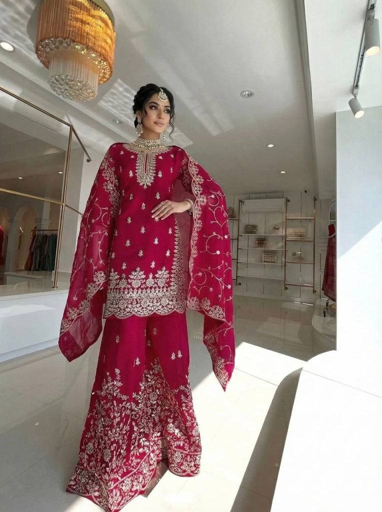Rani pure gmy silk with heavy embroidery sequence work top-palazzo and dupatta