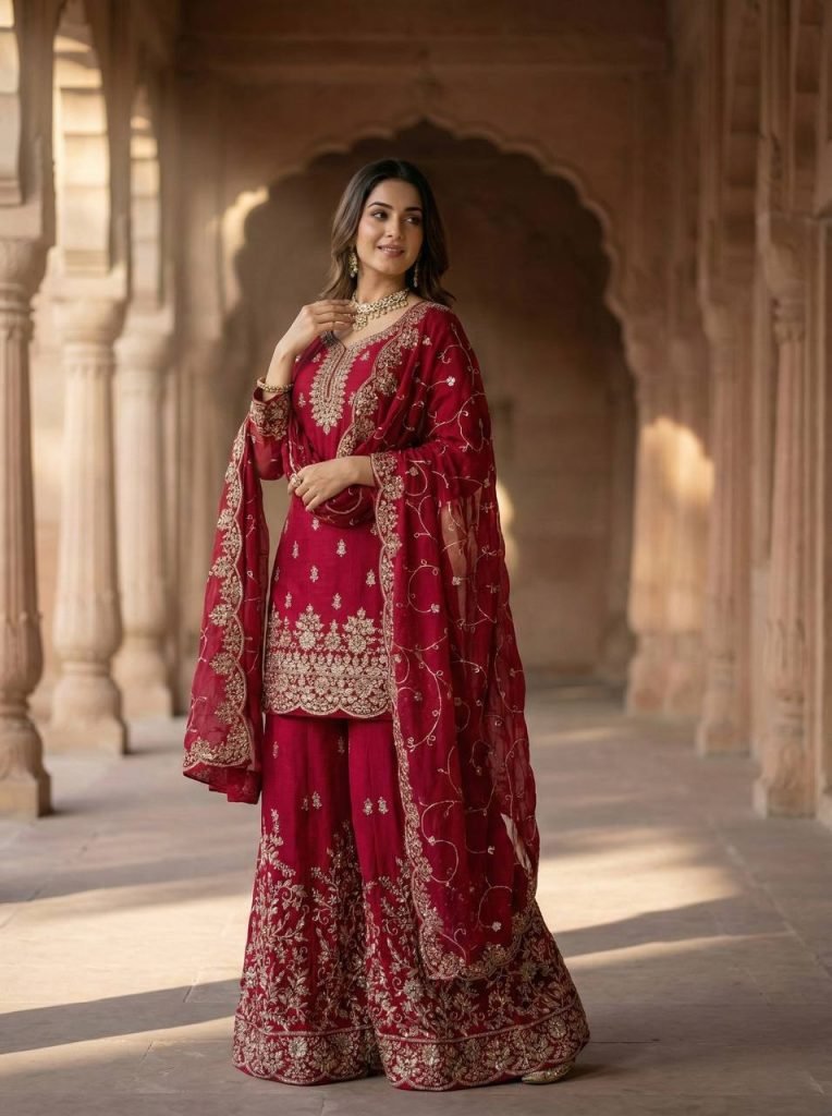 Rani pure gmy silk with heavy embroidery sequence work top-palazzo and dupatta