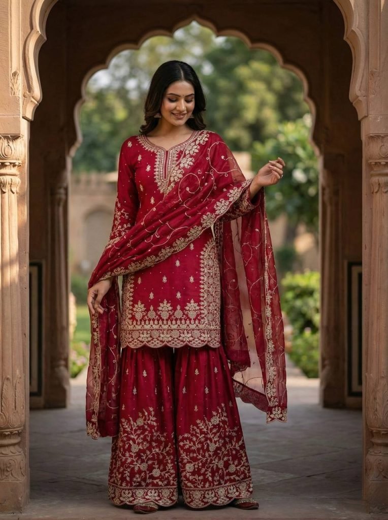 Rani pure gmy silk with heavy embroidery sequence work top-palazzo and dupatta