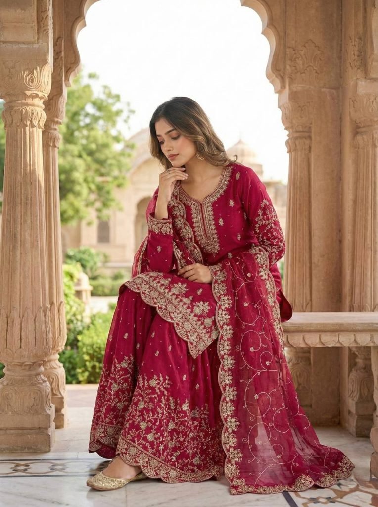 Rani pure gmy silk with heavy embroidery sequence work top-palazzo and dupatta