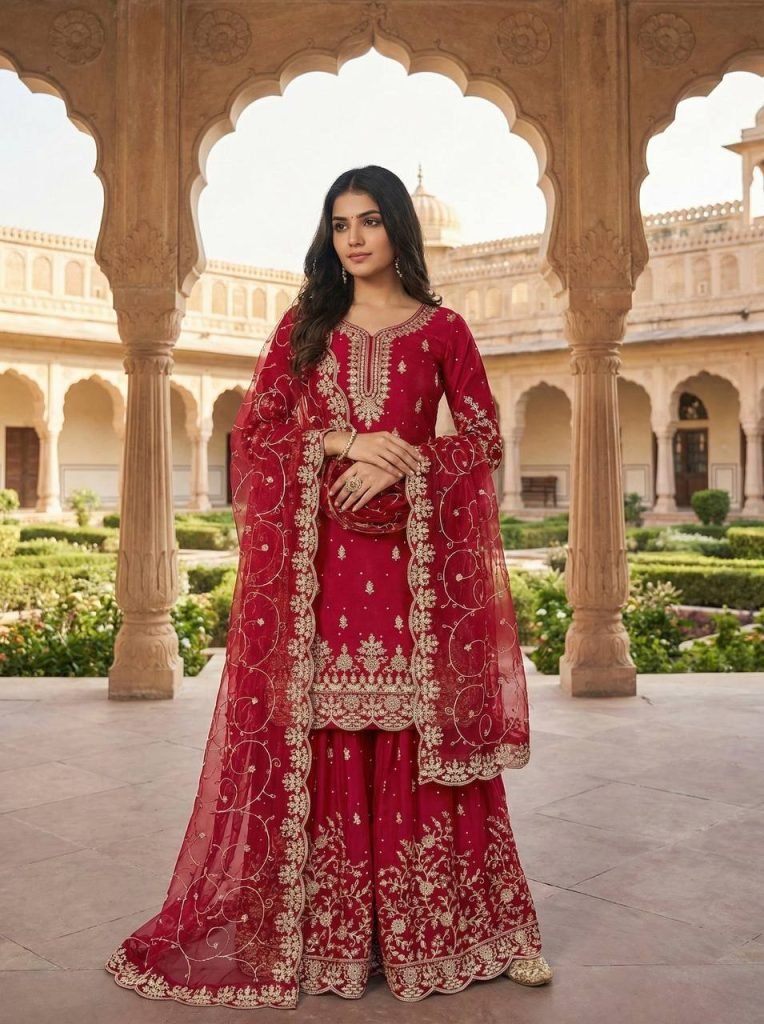 Rani pure gmy silk with heavy embroidery sequence work top-palazzo and dupatta