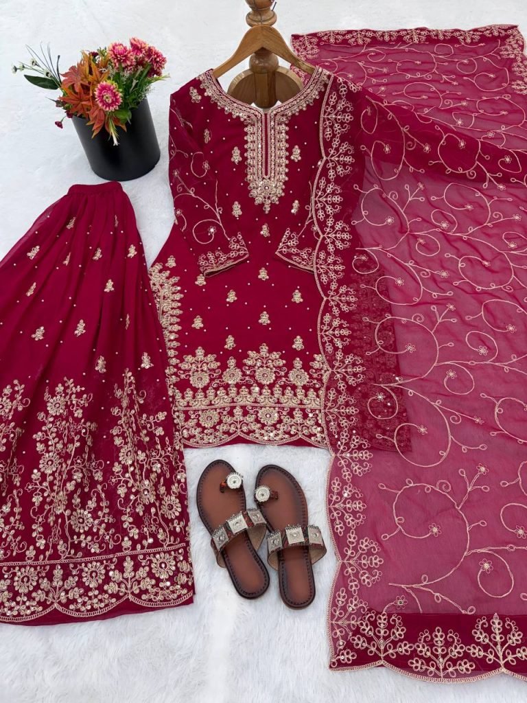 Rani pure gmy silk with heavy embroidery sequence work top-palazzo and dupatta