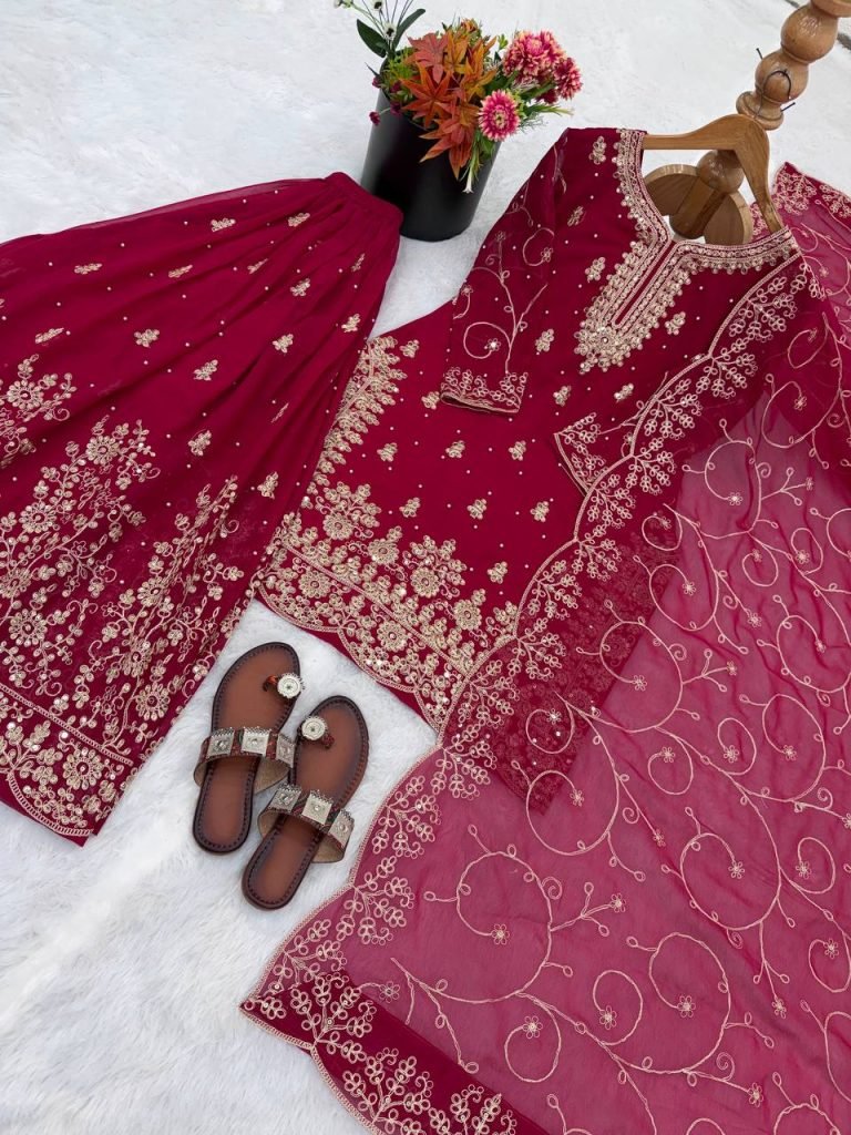 Rani pure gmy silk with heavy embroidery sequence work top-palazzo and dupatta
